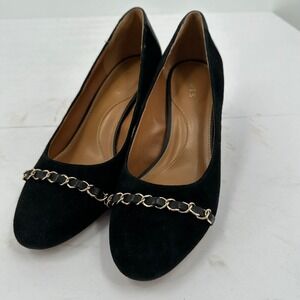 Talbots Black Suede Chain Accent Block Heel Pumps Shoes Womens Size 7.5M Classic
